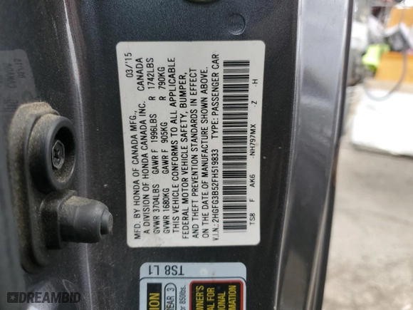 2015 Honda Civic Coupe LX with VIN 2HGFG3B52FH519833, listed as a Copart auction lot 42631195 with 125,686 mi miles and Salvage Title. Bid and sale history available at carsss.com. Image 12.