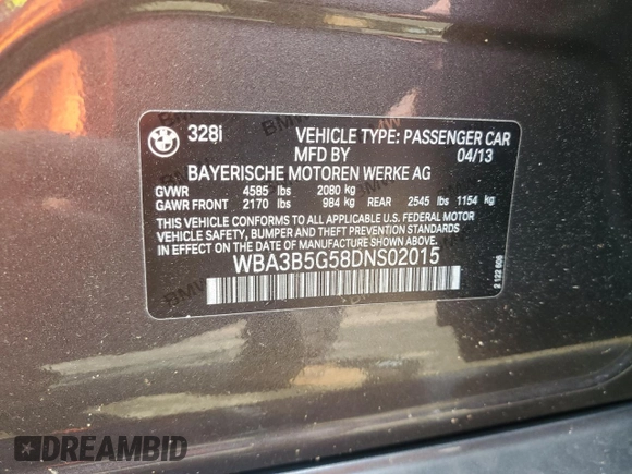 2013 BMW 3 Series 328i xDrive with VIN WBA3B5G58DNS02015, listed as a Copart auction lot 58586515 with 241,767 mi miles and Salvage title. Bid and sale history available at DreamBid. Image 13.