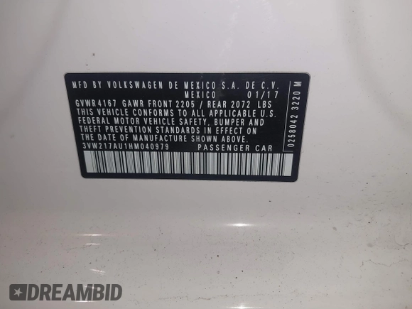 2017 Volkswagen Golf S with VIN 3VW217AU1HM040979, listed as a IAAI auction lot 41137497 with 37,400 mi miles and . Bid and sale history available at DreamBid. Image 9.