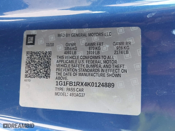 2019 Chevrolet Camaro 1LT with VIN 1G1FB1RX4K0124889, listed as a IAAI auction lot 41316708 with 96,851 mi miles. Bid and sale history available at carsss.com. Image 9.