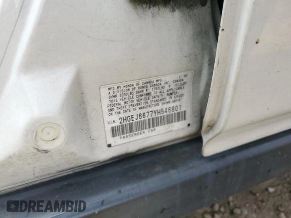2000 Honda Civic LX with VIN 2HGEJ6677YH546801, listed as a Copart auction lot 55528945 with 224,812 mi miles and Salvage Title. Bid and sale history available at DreamBid. Image 12.