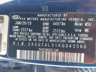 2019 Kia Optima LX with VIN 5XXGT4L31KG345560, listed as a IAAI auction lot 42002764 with 108,470 mi miles. Bid and sale history available at carsss.com. Image 9.