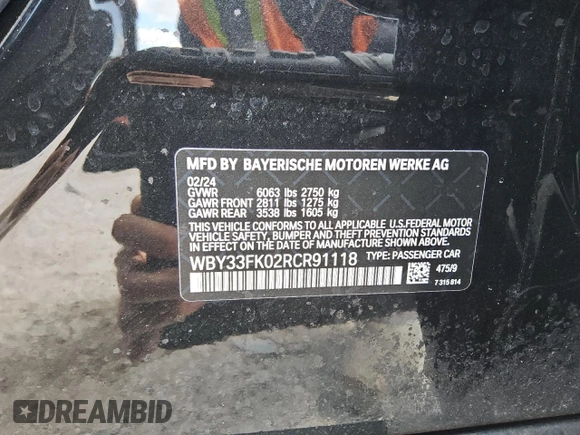 2024 BMW i5 eDrive40 with VIN WBY33FK02RCR91118, listed as a Copart auction lot 53308205 with Not Provided miles and Clean Title. Bid and sale history available at DreamBid. Image 12.