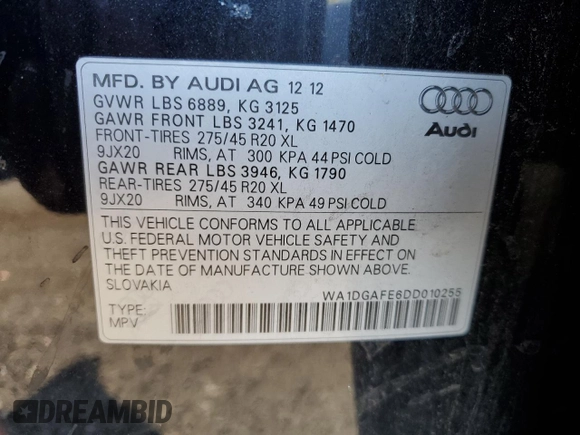 2013 Audi Q7 3.0T S line Prestige with VIN WA1DGAFE6DD010255, listed as a Copart auction lot 70228784 with 127,059 mi miles and Salvage Title. Bid and sale history available at carsss.com. Image 15.