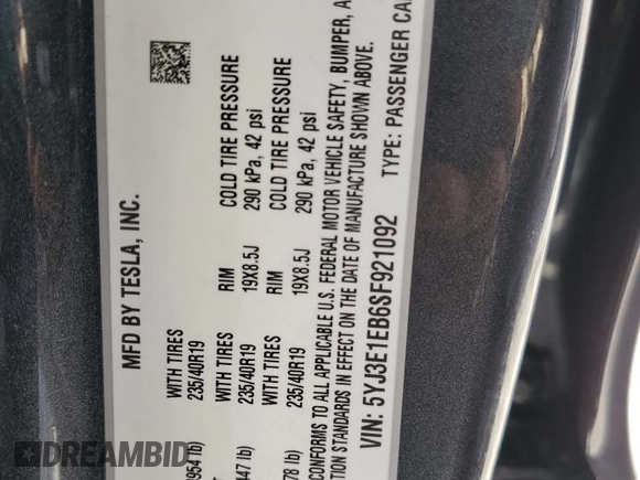 2025 Tesla Model 3 Long Range with VIN 5YJ3E1EB6SF921092, listed as a Copart auction lot 46918025 with 1,403 mi miles and Salvage Title. Bid and sale history available at DreamBid. Image 12.