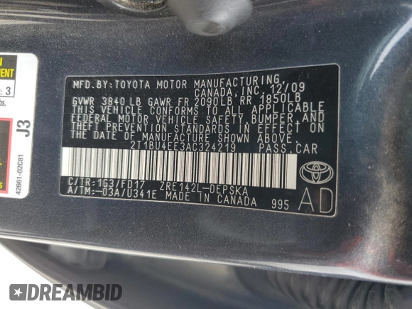 2010 Toyota Corolla with VIN 2T1BU4EE3AC324219, listed as a Copart auction lot 54246395 with 216,622 mi miles and Clean Title. Bid and sale history available at carsss.com. Image 12.