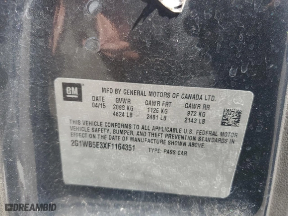 2015 Chevrolet Impala Limited LT with VIN 2G1WB5E3XF1164351, listed as a Copart auction lot 48620525 with NaN miles and Clean Title. Bid and sale history available at carsss.com. Image 12.