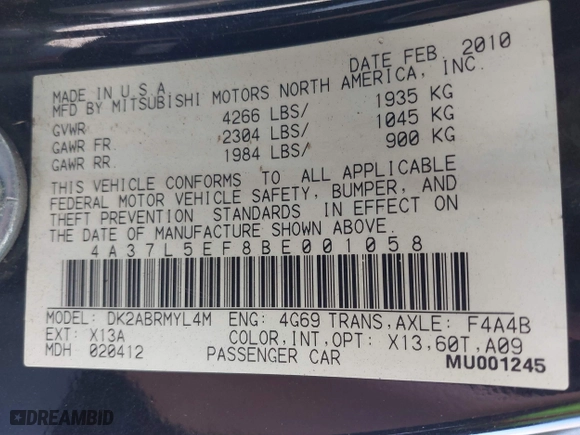 2011 Mitsubishi Eclipse GS Sport with VIN 4A37L5EF8BE001058, listed as a IAAI auction lot 41400790 with 104,482 mi miles. Bid and sale history available at carsss.com. Image 9.