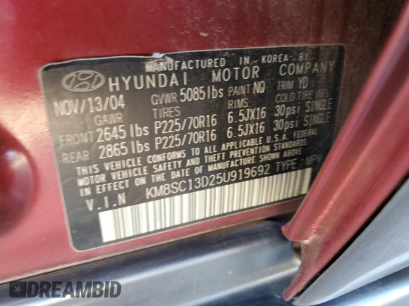 2005 Hyundai Santa Fe GLS with VIN KM8SC13D25U919692, listed as a Copart auction lot 76765954 with 164,644 mi miles and Clean Title. Bid and sale history available at carsss.com. Image 13.