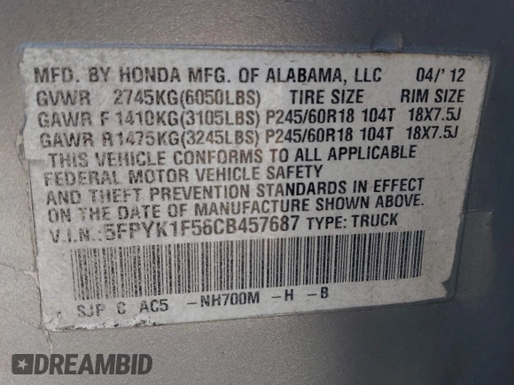 2012 Honda Ridgeline RTL with VIN 5FPYK1F56CB457687, listed as a IAAI auction lot 42582331 with 96,357 mi miles and . Bid and sale history available at DreamBid. Image 9.