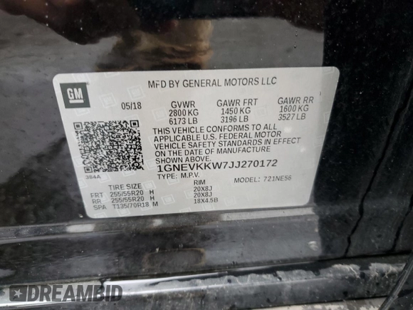 2018 Chevrolet Traverse High Country with VIN 1GNEVKKW7JJ270172, listed as a Copart auction lot 55871125 with 126,179 mi miles and Clean Title. Bid and sale history available at carsss.com. Image 13.