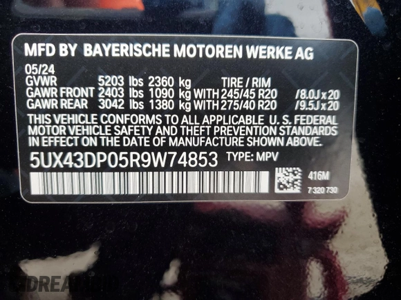2024 BMW X3 sDrive30i with VIN 5UX43DP05R9W74853, listed as a Copart auction lot 51118215 with Not Provided miles and Non Repairable. Bid and sale history available at DreamBid. Image 13.