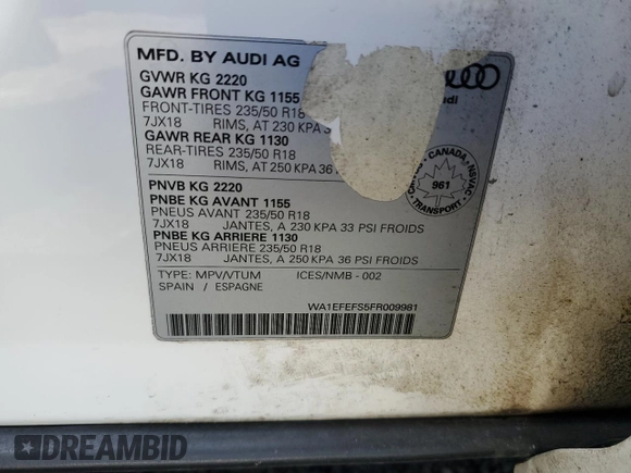 2015 Audi Q3 with VIN WA1EFEFS5FR009981, listed as a Copart auction lot 73714854 with 157,693 mi miles and Salvage title. Bid and sale history available at DreamBid. Image 12.