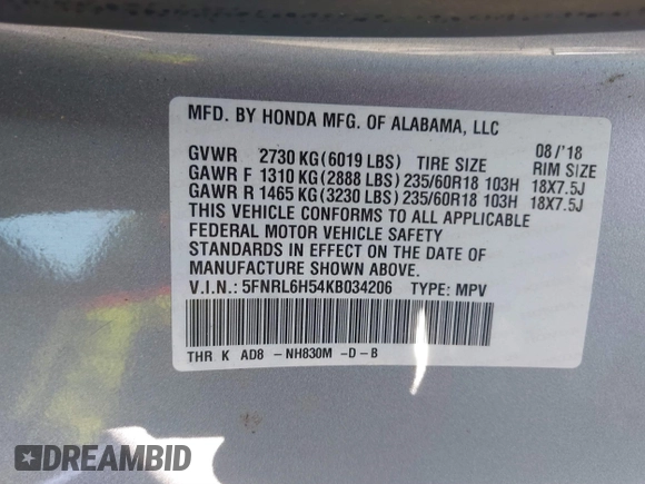 2019 Honda Odyssey EX with VIN 5FNRL6H54KB034206, listed as a IAAI auction lot 40200887 with 63,624 mi miles. Bid and sale history available at carsss.com. Image 9.