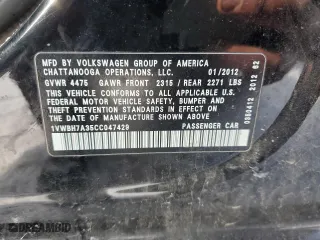 2012 Volkswagen Passat SE w/Sunroof with VIN 1VWBH7A35CC047429, listed as a Copart auction lot 45800395 with 221,051 mi miles and Non Repairable. Bid and sale history available at carsss.com. Image 14.