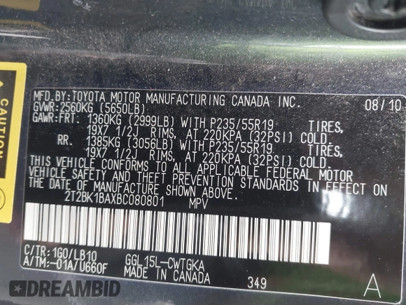 2011 Lexus RX 350 with VIN 2T2BK1BAXBC080801, listed as a IAAI auction lot 41951976 with 157,142 mi miles and . Bid and sale history available at DreamBid. Image 9.