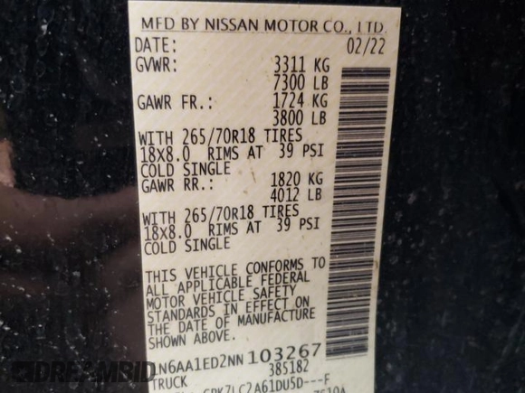 2022 Nissan Titan SV with VIN 1N6AA1ED2NN103267, listed as a Copart auction lot 68942064 with 55,119 mi miles and Salvage title. Bid and sale history available at DreamBid. Image 15.