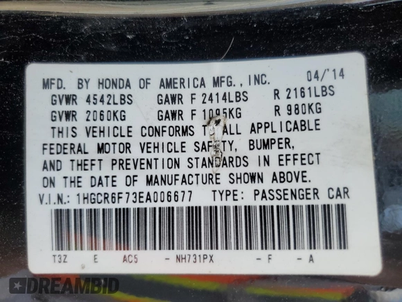 2014 Honda Accord Touring z VIN 1HGCR6F73EA006677, wystawiony jako Copart lot #54866235 z przebiegiem 226 846 mil mil oraz Szkoda całkowita • Salvage title. Historia ofert i sprzedaży dostępna na DreamBid. Obrazek 12.