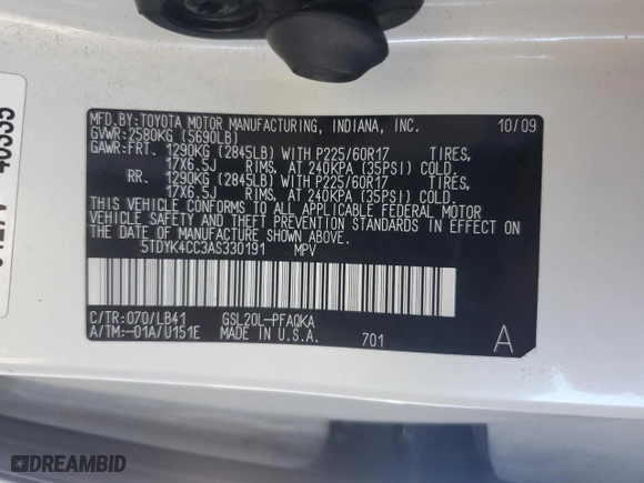 2010 Toyota Sienna XLE with VIN 5TDYK4CC3AS330191, listed as a Copart auction lot 46493455 with 251,463 mi miles and Salvage Title. Bid and sale history available at carsss.com. Image 14.