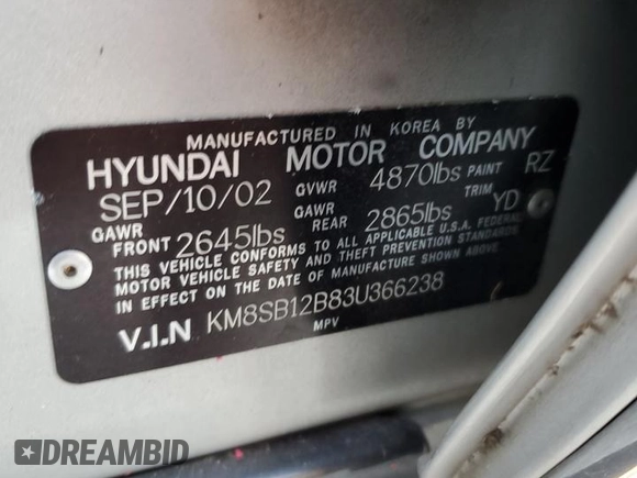 2003 Hyundai Santa Fe with VIN KM8SB12B83U366238, listed as a Copart auction lot 83824904 with 0 mi miles and Salvage Title. Bid and sale history available at carsss.com. Image 14.
