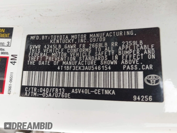 2010 Toyota Camry with VIN 4T1BF3EK3AU546154, listed as a IAAI auction lot 42115335 with Not Provided miles and . Bid and sale history available at DreamBid. Image 9.