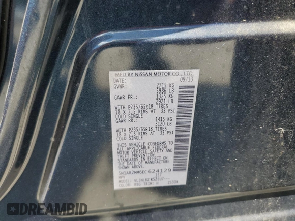 2014 Nissan Pathfinder S with VIN 5N1AR2MM6EC624129, listed as a Copart auction lot 60965635 with 88,206 mi miles and Clean title. Bid and sale history available at DreamBid. Image 13.