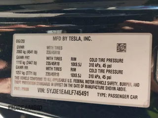 2020 Tesla Model 3 Standard Range Plus with VIN 5YJ3E1EA4LF745491, listed as a IAAI auction lot 41186726 with 74,575 mi miles and . Bid and sale history available at DreamBid. Image 9.