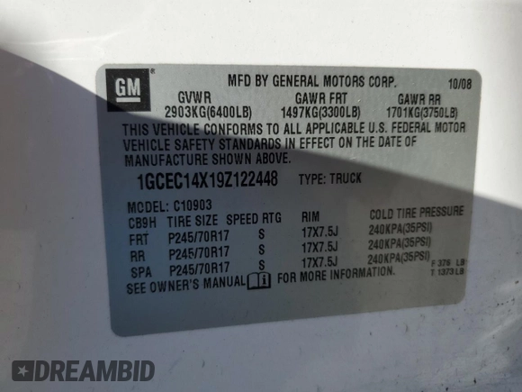 2009 Chevrolet Silverado 1500 Work Truck with VIN 1GCEC14X19Z122448, listed as a Copart auction lot 54385045 with Not Provided miles and Clean Title. Bid and sale history available at DreamBid. Image 12.