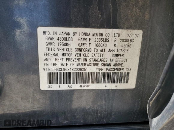 2008 Acura TSX z VIN JH4CL96848C006351, wystawiony jako Copart lot #58997105 z przebiegiem 225 602 mil mil oraz Czysty tytuł • Clean title. Historia ofert i sprzedaży dostępna na DreamBid. Obrazek 12.