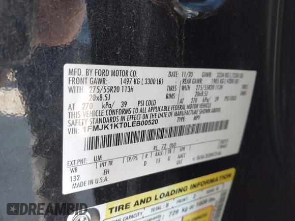 2020 Ford Expedition Max Limited with VIN 1FMJK1KT0LEB00520, listed as a IAAI auction lot 41570474 with 178,299 mi miles and . Bid and sale history available at DreamBid. Image 9.