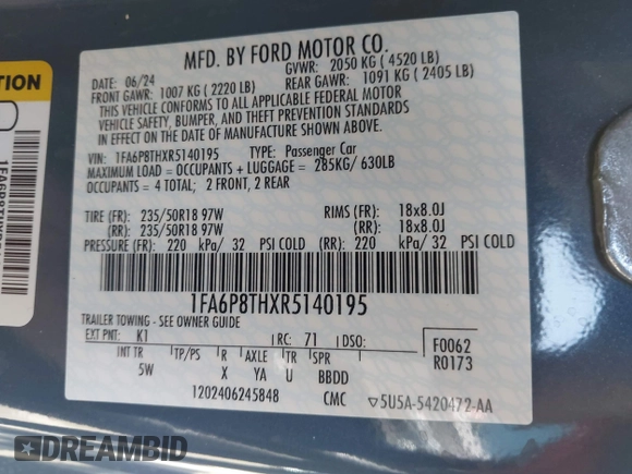 2024 Ford Mustang EcoBoost with VIN 1FA6P8THXR5140195, listed as a IAAI auction lot 42268566 with 11,032 mi miles and . Bid and sale history available at DreamBid. Image 9.