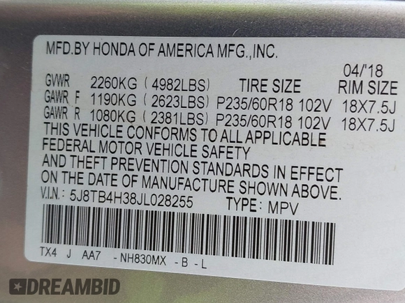 2018 Acura RDX with VIN 5J8TB4H38JL028255, listed as a IAAI auction lot 41711805 with 65,420 mi miles. Bid and sale history available at carsss.com. Image 9.