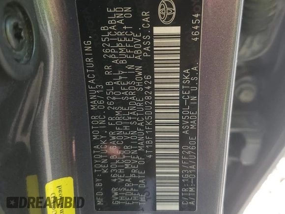 2013 Toyota Camry L with VIN 4T1BF1FK5DU282426, listed as a Copart auction lot 50331295 with 161,558 mi miles and Salvage Title. Bid and sale history available at carsss.com. Image 12.