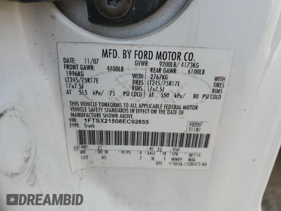 2008 Ford Super Duty F-250 SRW XL with VIN 1FTSX21508EC92855, listed as a Copart auction lot 82299124 with 122,566 mi miles and Salvage Title. Bid and sale history available at carsss.com. Image 12.