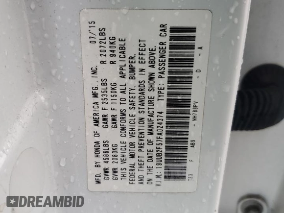 2015 Acura TLX V6 Tech with VIN 19UUB2F57FA024374, listed as a Copart auction lot 45148025 with 128,945 mi miles and Salvage Title. Bid and sale history available at carsss.com. Image 14.