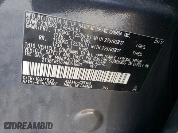 2017 Toyota RAV4 LE with VIN 2T3BFREV5HW651860, listed as a Copart auction lot 60442235 with 70,038 mi miles and Salvage title. Bid and sale history available at DreamBid. Image 13.
