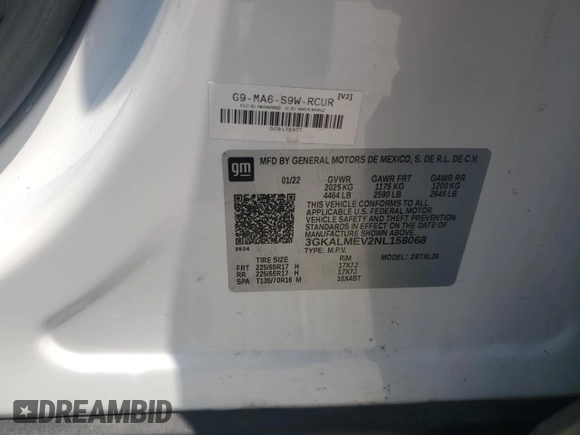 2022 GMC Terrain SLE with VIN 3GKALMEV2NL158068, listed as a Copart auction lot 62779095 with 173,478 mi miles and Clean title. Bid and sale history available at DreamBid. Image 13.