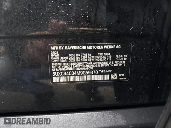 2021 BMW X5 sDrive40i z VIN 5UXCR4C04M9G59370, wystawiony jako IAAI lot #41592538 z przebiegiem 132 083 mil mil oraz . Historia ofert i sprzedaży dostępna na DreamBid. Obrazek 9.