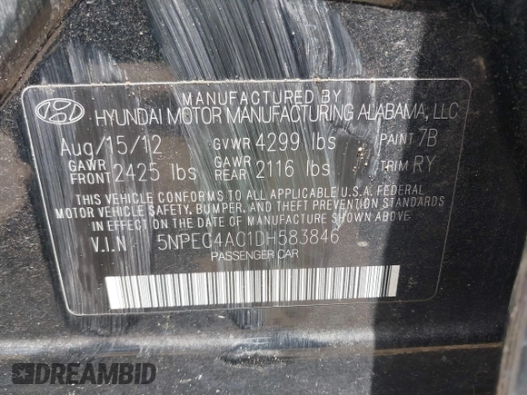 2013 Hyundai Sonata Limited with VIN 5NPEC4AC1DH583846, listed as a IAAI auction lot 42219947 with 120,889 mi miles and . Bid and sale history available at DreamBid. Image 9.