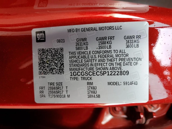 2023 Chevrolet Colorado 2WD LT with VIN 1GCGSCEC5P1222809, listed as a Copart auction lot 86005484 with 27,857 mi miles and Salvage Title. Bid and sale history available at carsss.com. Image 12.