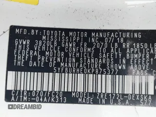 2019 Toyota Corolla L with VIN 5YFBURHE0KP875377, listed as a IAAI auction lot 41904405 with 73,604 mi miles and . Bid and sale history available at DreamBid. Image 9.