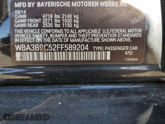 2015 BMW 3 Series 335i xDrive with VIN WBA3B9C52FF589204, listed as a Copart auction lot 74544134 with Not provided miles and Clean title. Bid and sale history available at DreamBid. Image 12.