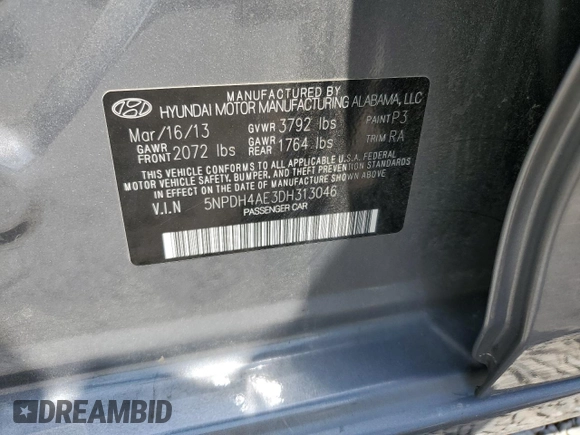 2013 Hyundai Elantra GLS z VIN 5NPDH4AE3DH313046, wystawiony jako Copart lot #55253705 z przebiegiem Nie podano mil oraz Szkoda całkowita • Salvage title. Historia ofert i sprzedaży dostępna na DreamBid. Obrazek 12.