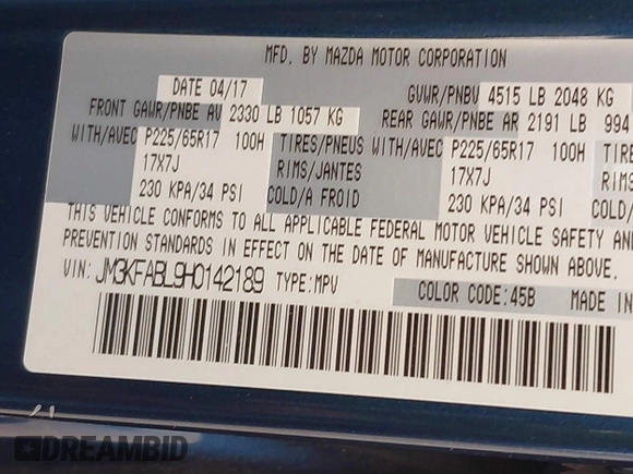 2017 Mazda CX-5 Sport with VIN JM3KFABL9H0142189, listed as a IAAI auction lot 41722354 with 109,865 mi miles. Bid and sale history available at carsss.com. Image 9.