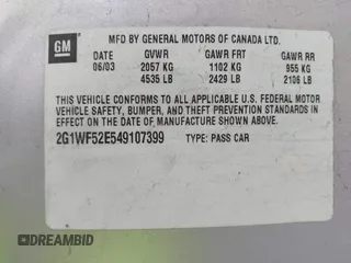 2004 Chevrolet Impala with VIN 2G1WF52E549107399, listed as a IAAI auction lot 41969935 with 190,316 mi miles. Bid and sale history available at carsss.com. Image 9.