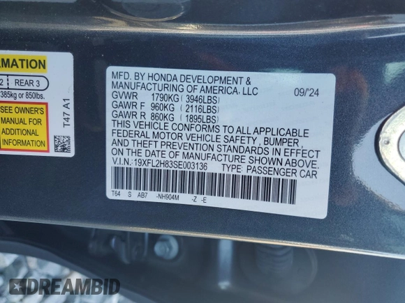 2025 Honda Civic Sport z VIN 19XFL2H83SE003136, wystawiony jako Copart lot #58234605 z przebiegiem 16 008 mil mil oraz Szkoda całkowita • Salvage title. Historia ofert i sprzedaży dostępna na DreamBid. Obrazek 13.