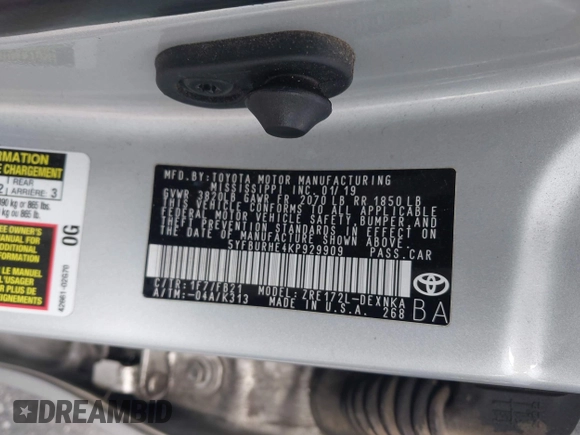 2019 Toyota Corolla L with VIN 5YFBURHE4KP929909, listed as a IAAI auction lot 42078797 with 131,741 mi miles. Bid and sale history available at carsss.com. Image 9.