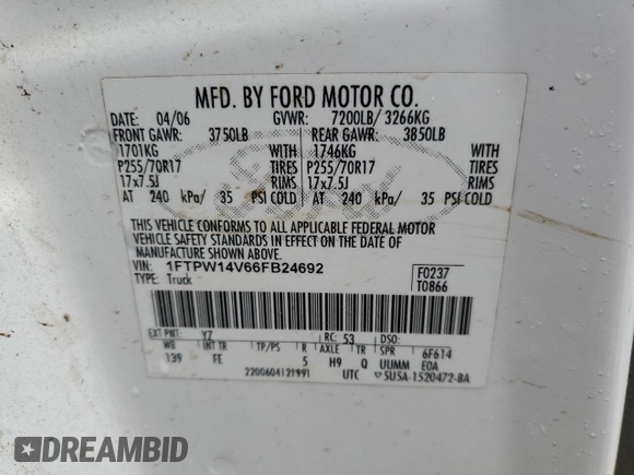 2006 Ford F-150 XL with VIN 1FTPW14V66FB24692, listed as a Copart auction lot 42327125 with 0 mi miles and Salvage Title. Bid and sale history available at carsss.com. Image 12.