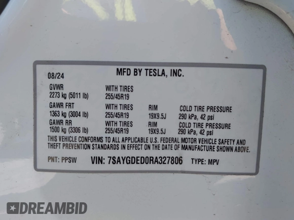 2024 Tesla Model Y with VIN 7SAYGDED0RA327806, listed as a IAAI auction lot 42096752 with 13,244 mi miles and . Bid and sale history available at DreamBid. Image 9.