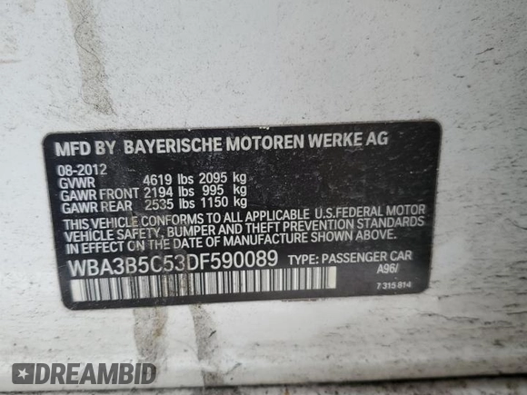 2013 BMW 3 Series 328i xDrive with VIN WBA3B5C53DF590089, listed as a Copart auction lot 45030805 with 141,980 mi miles and Non Repairable. Bid and sale history available at carsss.com. Image 12.
